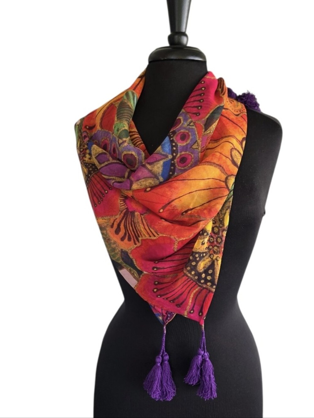 Laurel Burch Mandala Sheer Scarf Orange, Purple & Pink Floral Tassel Scarf